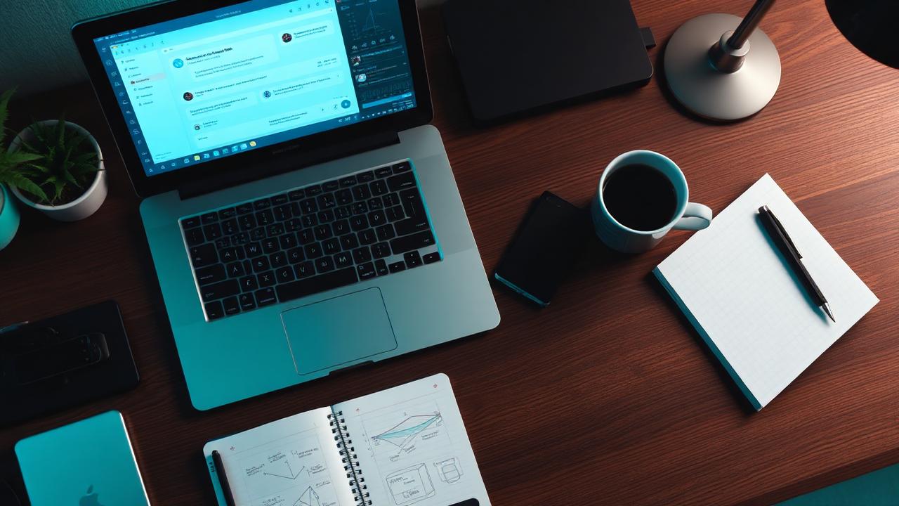 Workspace flat lay with laptop showing AI agent dashboard, notebook with workflow diagrams, and coffee cup